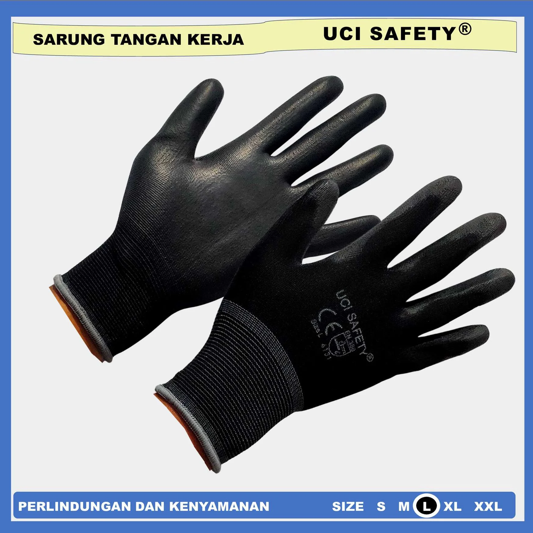 Palm fit Uci Safety hitam sarung tangan Karet Size L