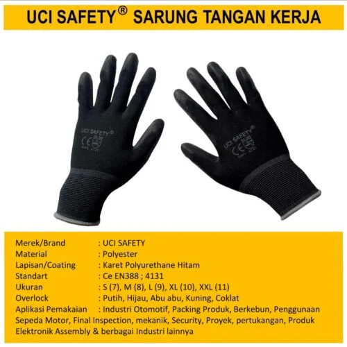 Packing PU Bahan Nylon Polyester Telapak Tangan dilapisi karet otomotif Mekanik Bengkel Montir Motor Hitam Black