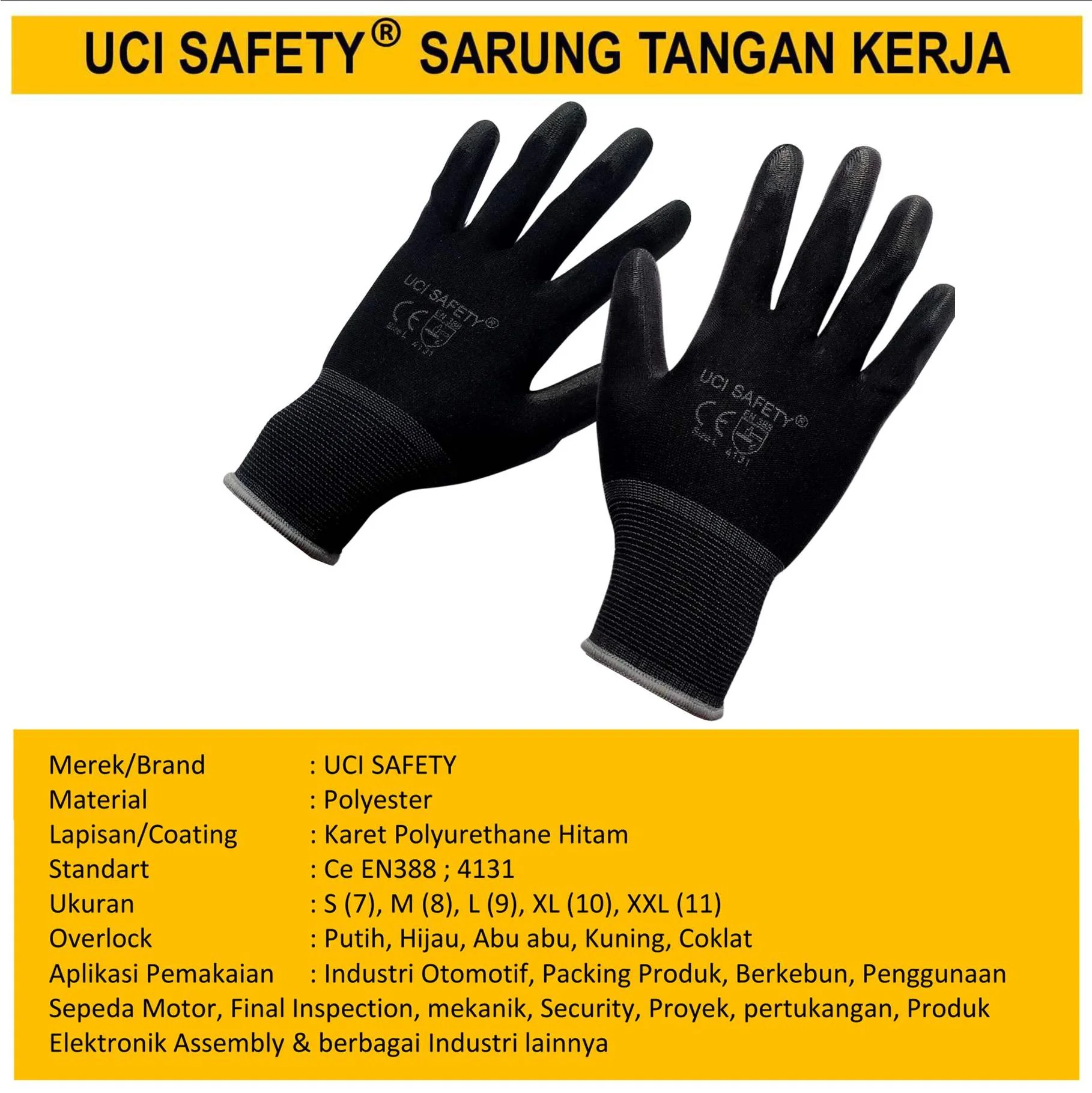 Safety Gloves Dilapisi Karet Hitam Black otomotif Mekanik Bengkel Montir Motor Telapak Tangan dilapisi karet Bahan Nylon Polyester - Gambar 4