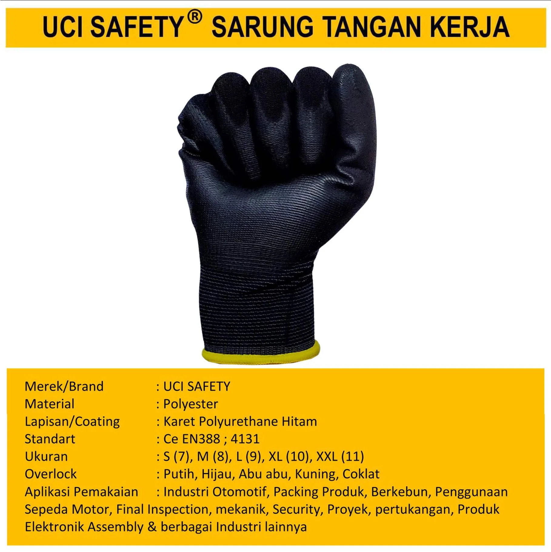 Safety Gloves Dilapisi Karet Hitam Black otomotif Mekanik Bengkel Montir Motor Telapak Tangan dilapisi karet Bahan Nylon Polyester - Gambar 3