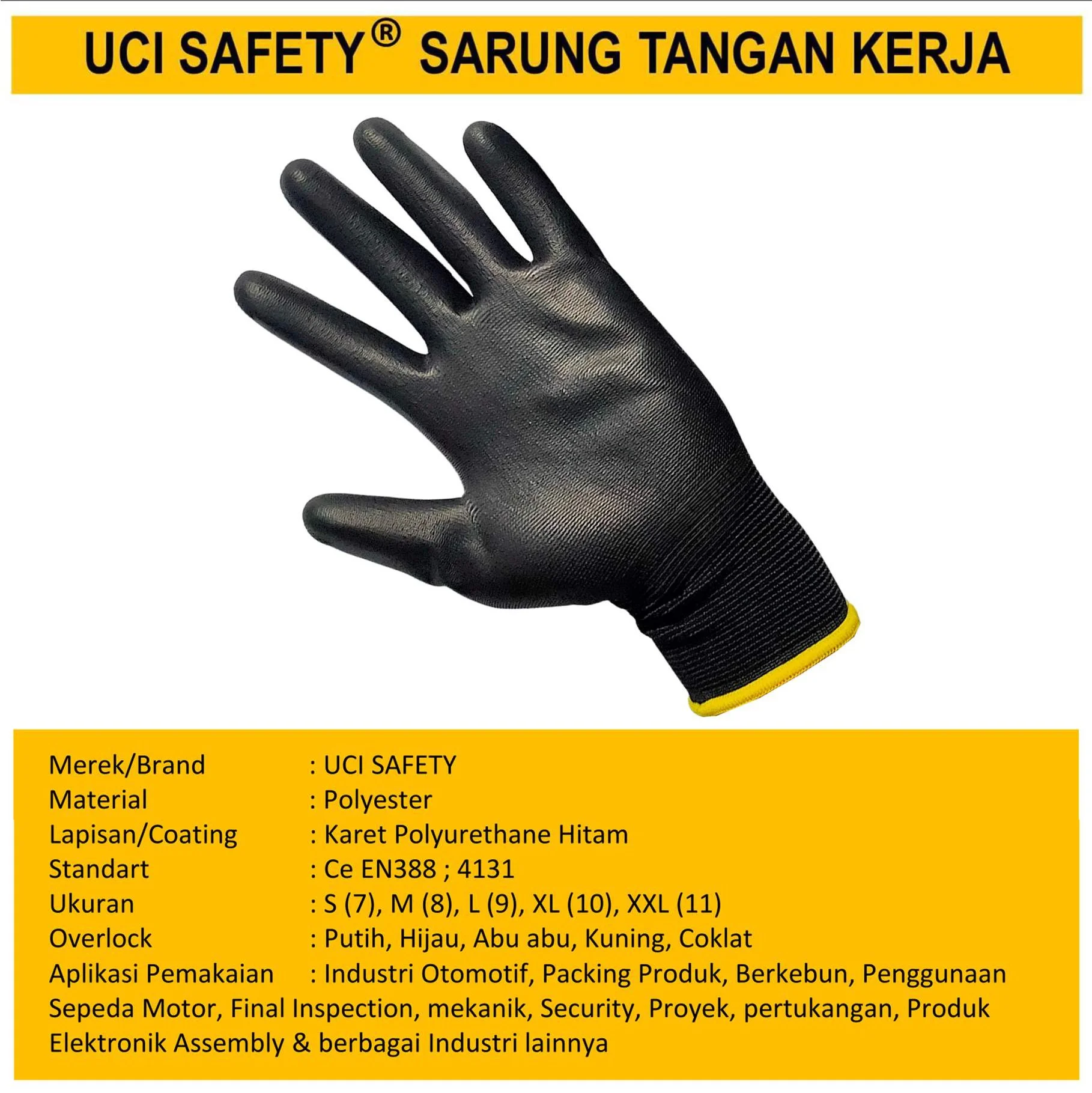 Safety Gloves Dilapisi Karet Hitam Black otomotif Mekanik Bengkel Montir Motor Telapak Tangan dilapisi karet Bahan Nylon Polyester - Gambar 2