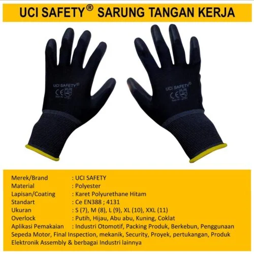 Anti Slip Uci Safety otomotif Mekanik Bengkel Montir Motor Berkebun Hand Gloves Hitam Black