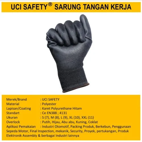 Safety Gloves Dilapisi Karet Hitam Black otomotif Mekanik Bengkel Montir Motor Telapak Tangan dilapisi karet Bahan Nylon Polyester