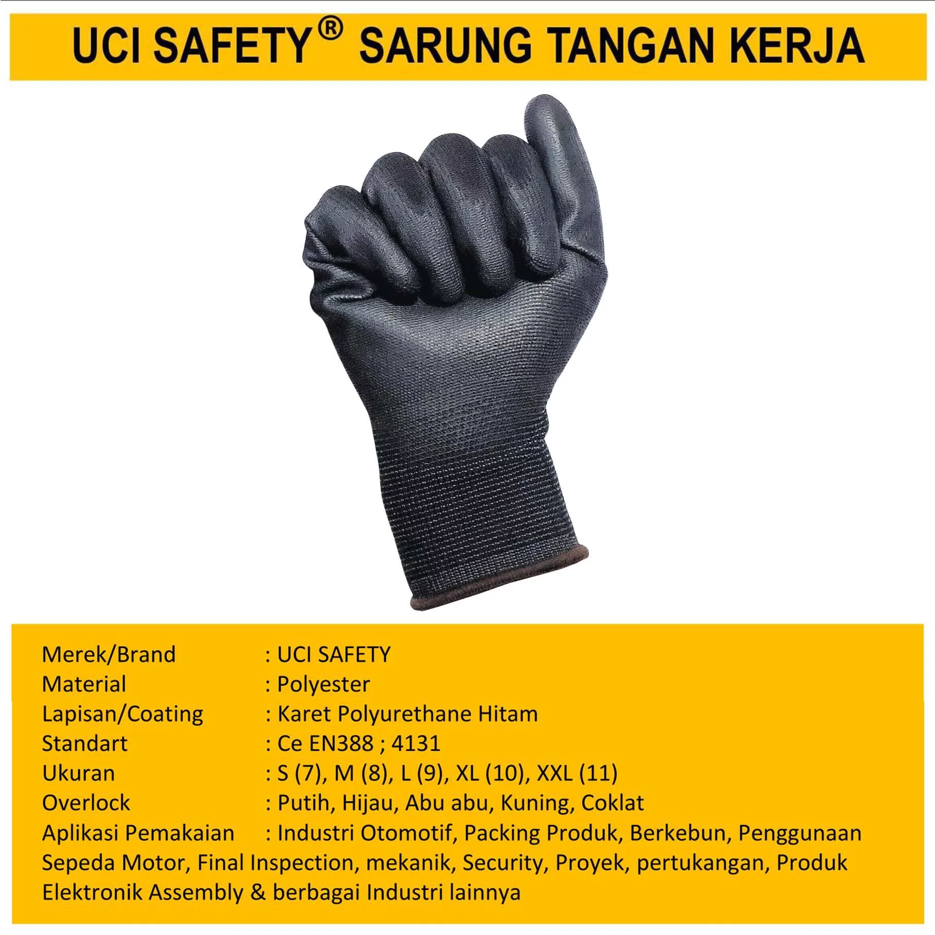 Safety Gloves Dilapisi Karet Hitam Black otomotif Mekanik Bengkel Montir Motor Telapak Tangan dilapisi karet Bahan Nylon Polyester