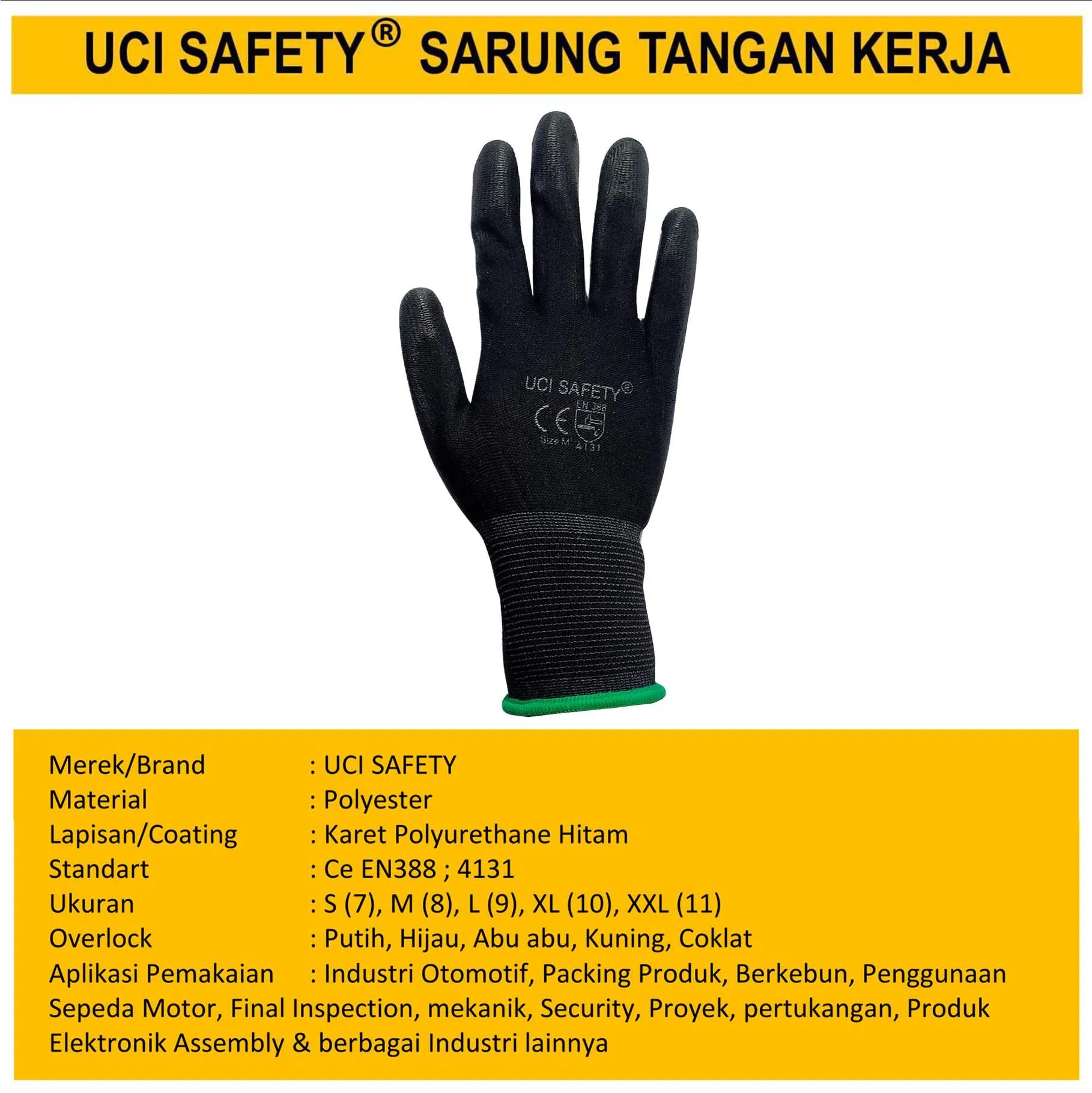 Pengaman kerja Bahan Nylon Polyester Telapak Tangan dilapisi karet Berkebun Uci Safety Anti Slip - Gambar 3