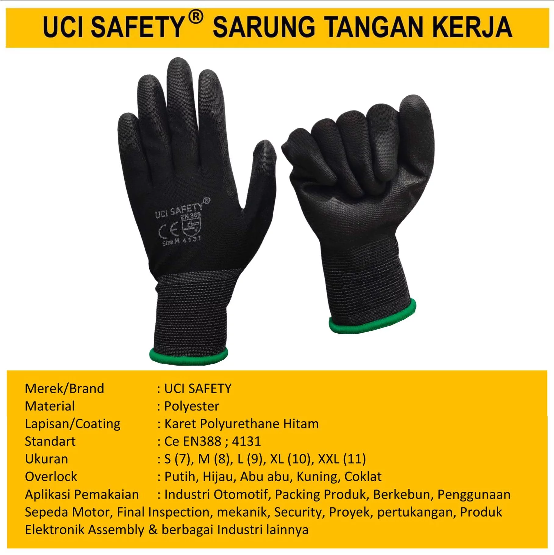 Pengaman kerja Bahan Nylon Polyester Telapak Tangan dilapisi karet Berkebun Uci Safety Anti Slip - Gambar 4