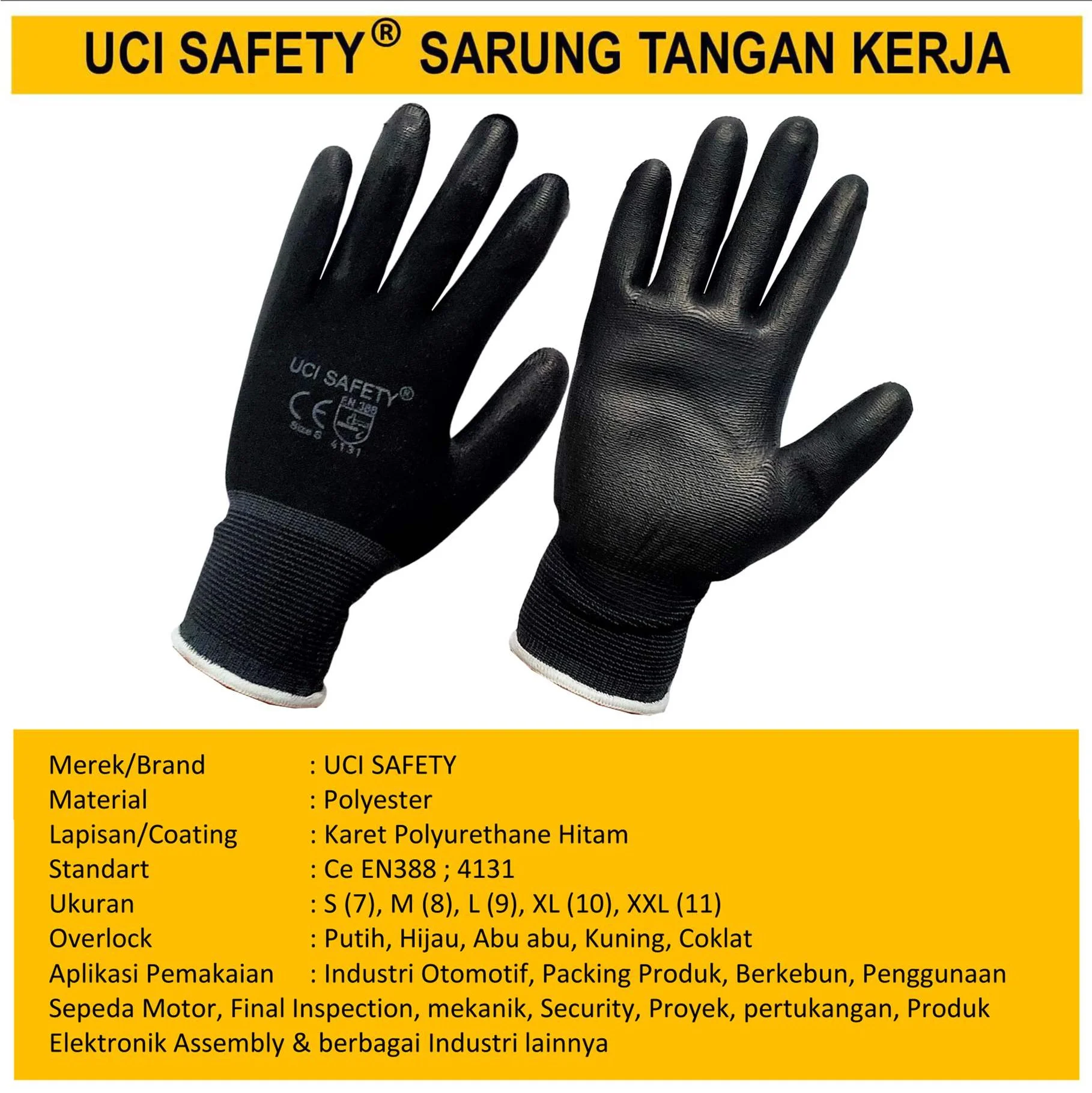 Sarung Tangan Kerja Safety Gloves Dilapisi Karet Hitam Black Hand Gloves - Gambar 3