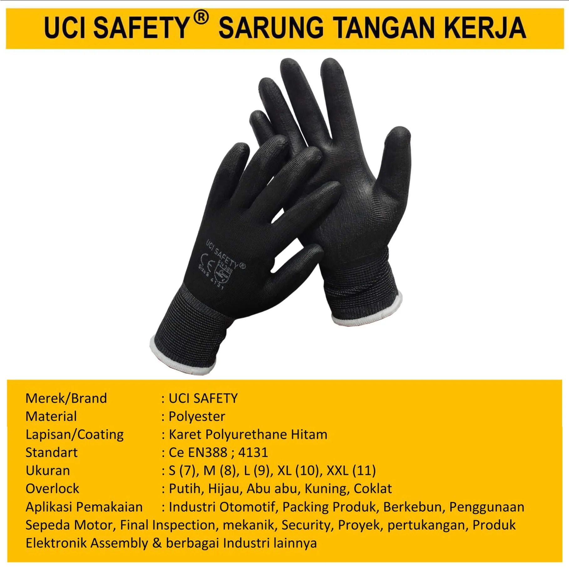 Sarung Tangan Kerja Safety Gloves Dilapisi Karet Hitam Black Hand Gloves - Gambar 4