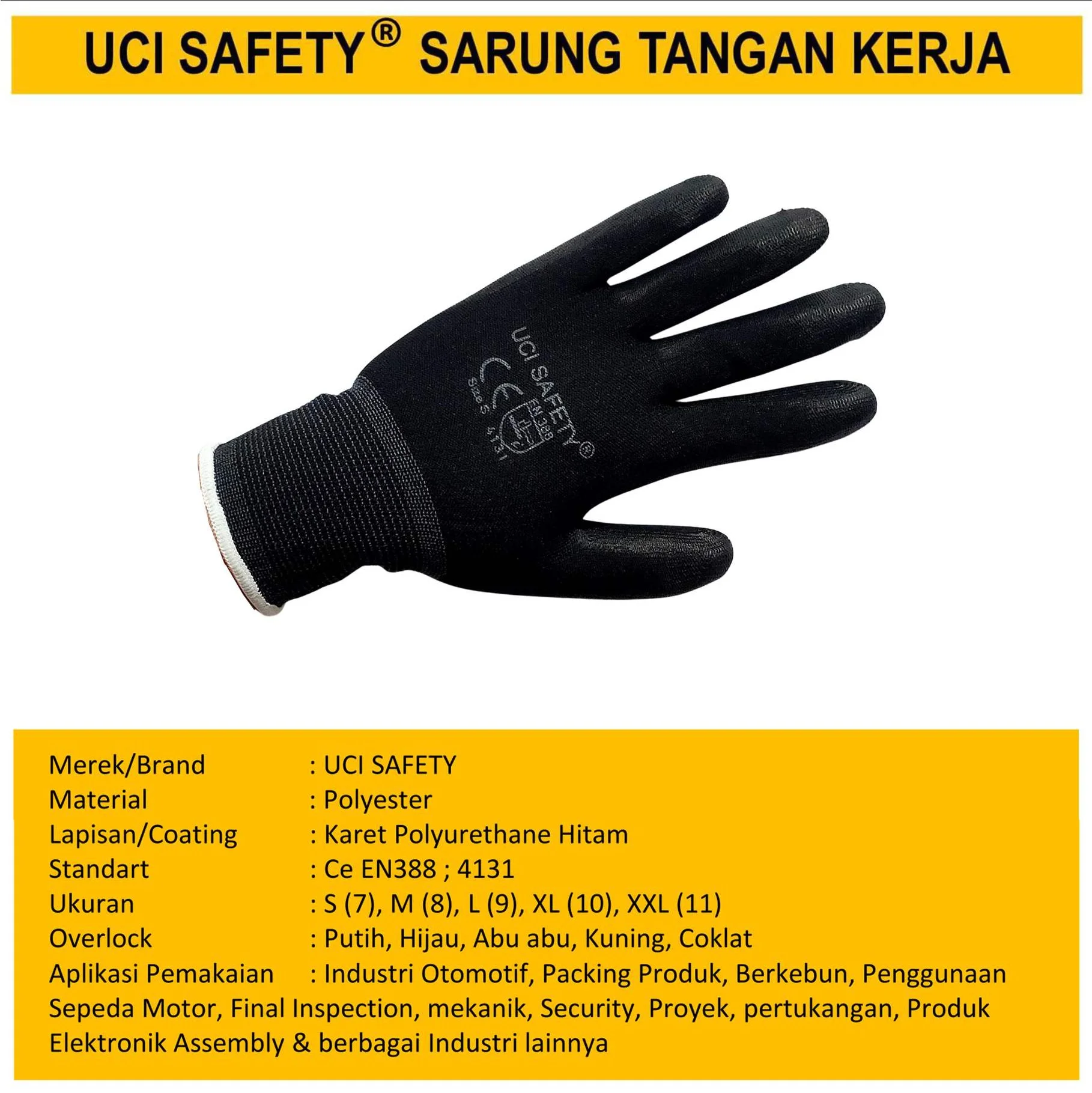 Pengaman kerja Bahan Nylon Polyester Telapak Tangan dilapisi karet Berkebun Uci Safety Anti Slip - Gambar 2