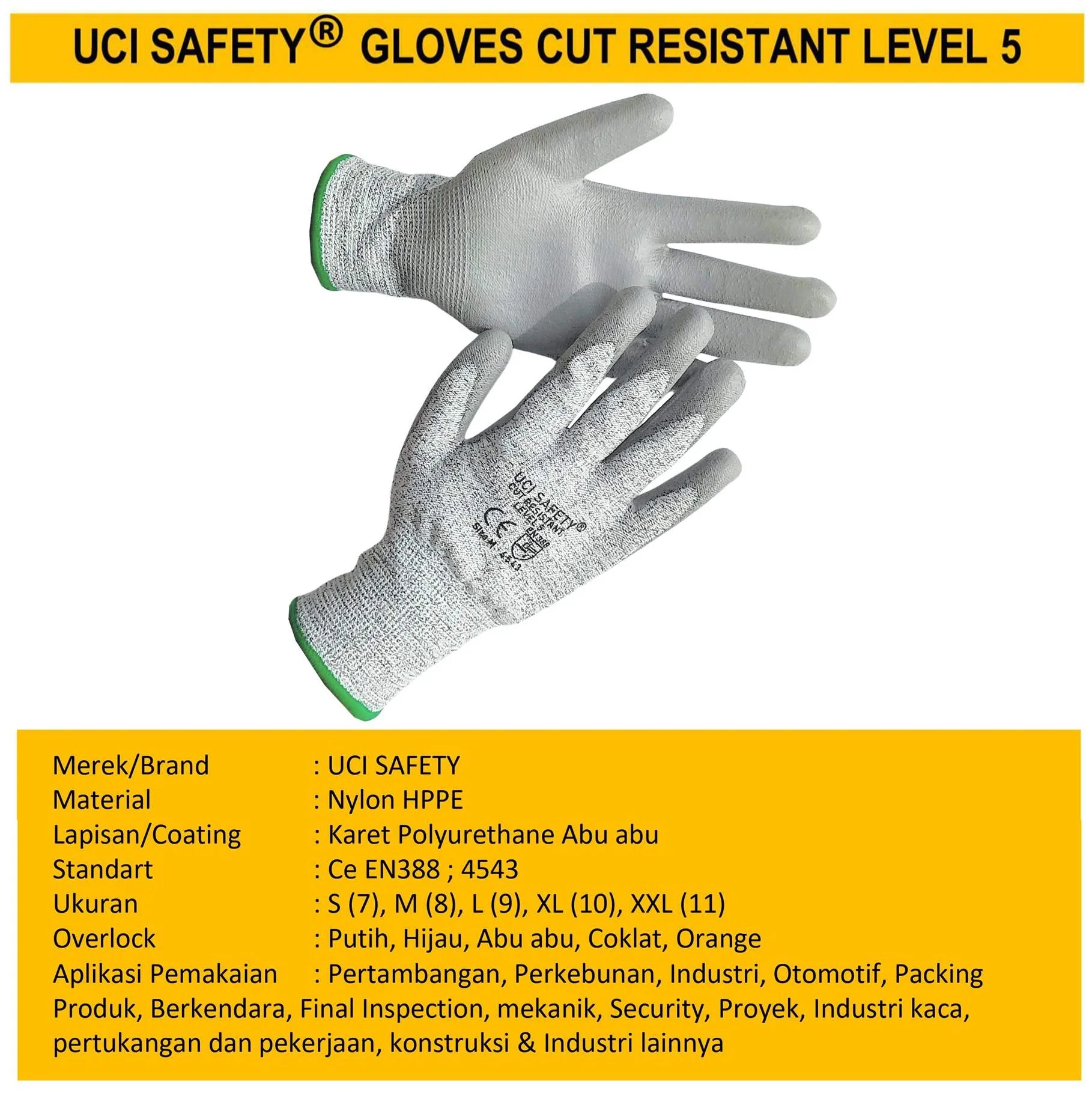 Anti Potong Motor Anti Sayat En 388 4543 Cut Resistant Level 5 Karet Polyurethane safety Gloves Berkebun - Gambar 2