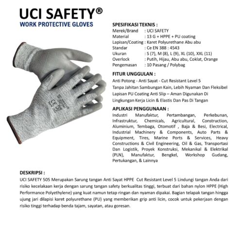 EN 388 4543 HPPE Bengkel warna Cut Resistant Level 5