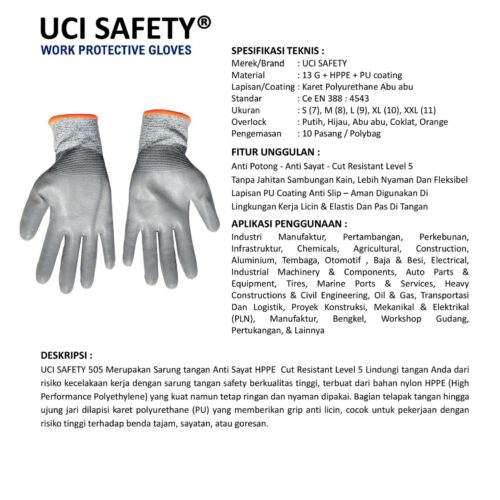 Cut Resistant Level 5 Dilapisi Karet dilengkapi Warna Abu Abu
